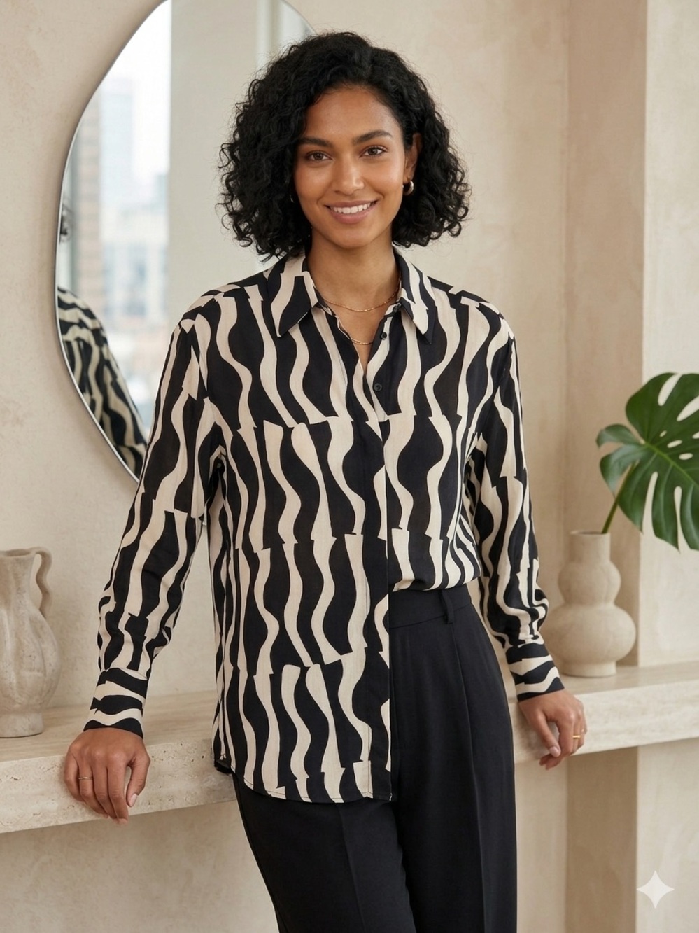 Zara Black & Cream Wavy-Print Long Sleeve Button-Down Shirt